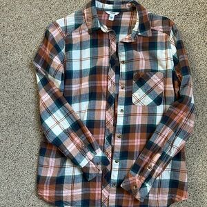 Women’s Plaid Button-Down Shirt in Pink, Brown & Teal
